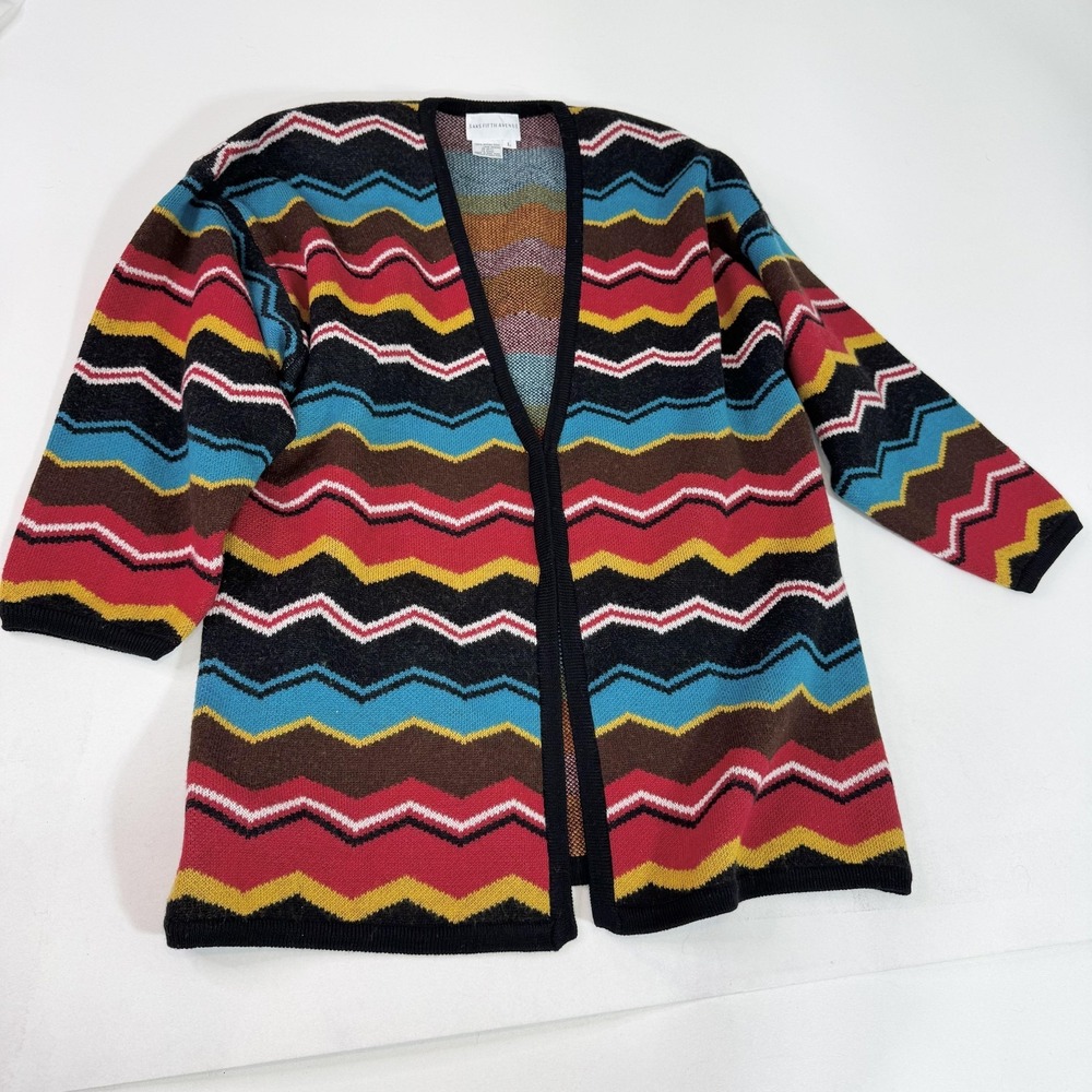 Saks Fifth Avenue‎ Sweater Womens Large Chevron Merino Wool Cardigan Open Front